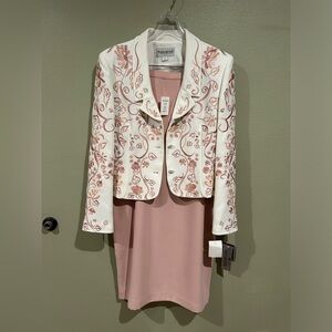Beautiful dressy suit, white jacket and long pink skirt.